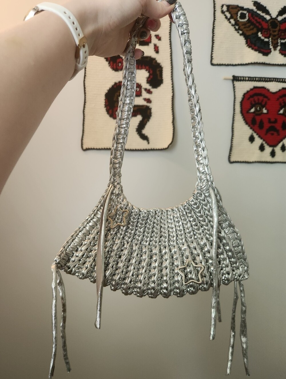 Crochet Handmade Silver Star Ring-Detail Shoulder Bag
